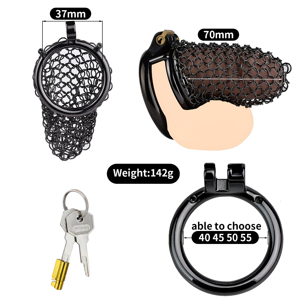 Metal Mesh Male Chastity Device – Lightweight Steel Chastity Cage with Lock (Short / Medium / Long)